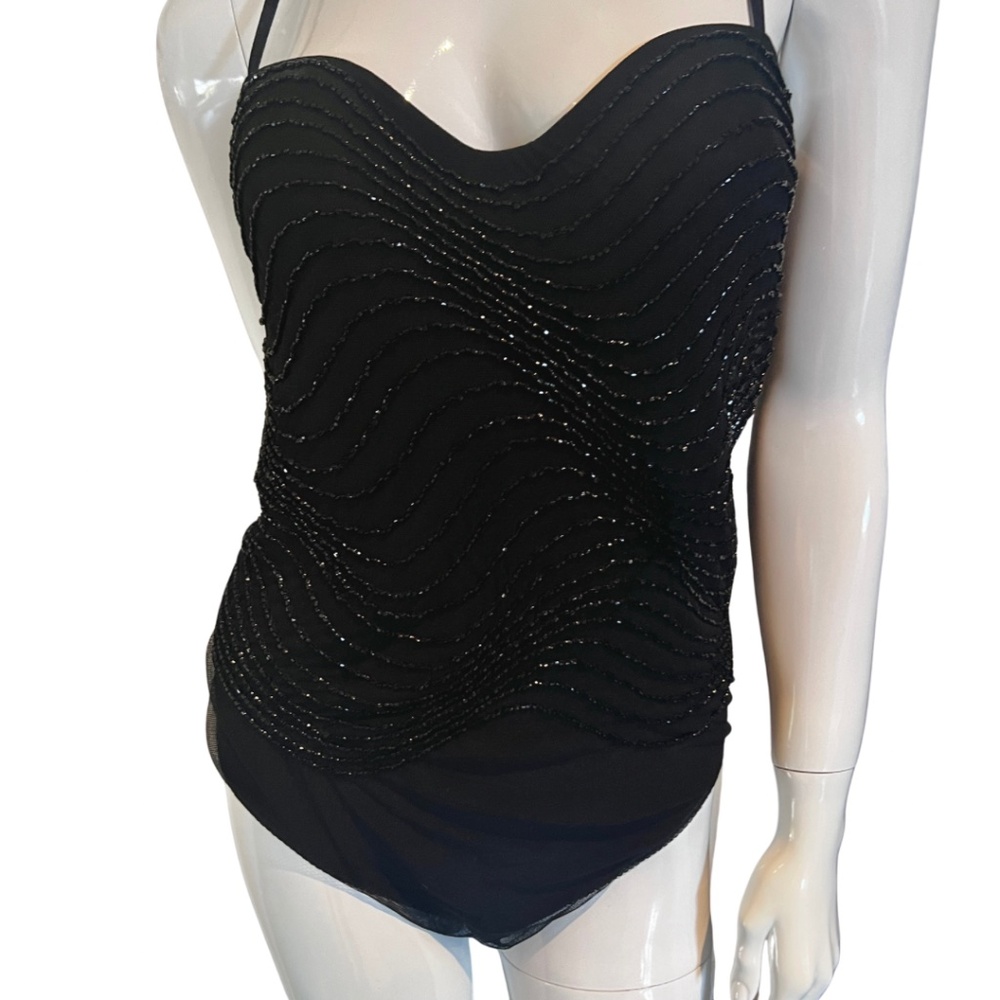 WT Vintage Ritmo DiPerla LaPerla Beaded Black Stretch Tulle Bustier/Bodysuit 34D